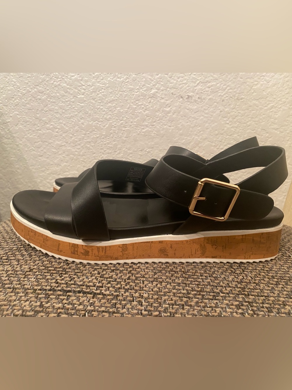 Nautica Black Platform Sandal with Gold Buckle